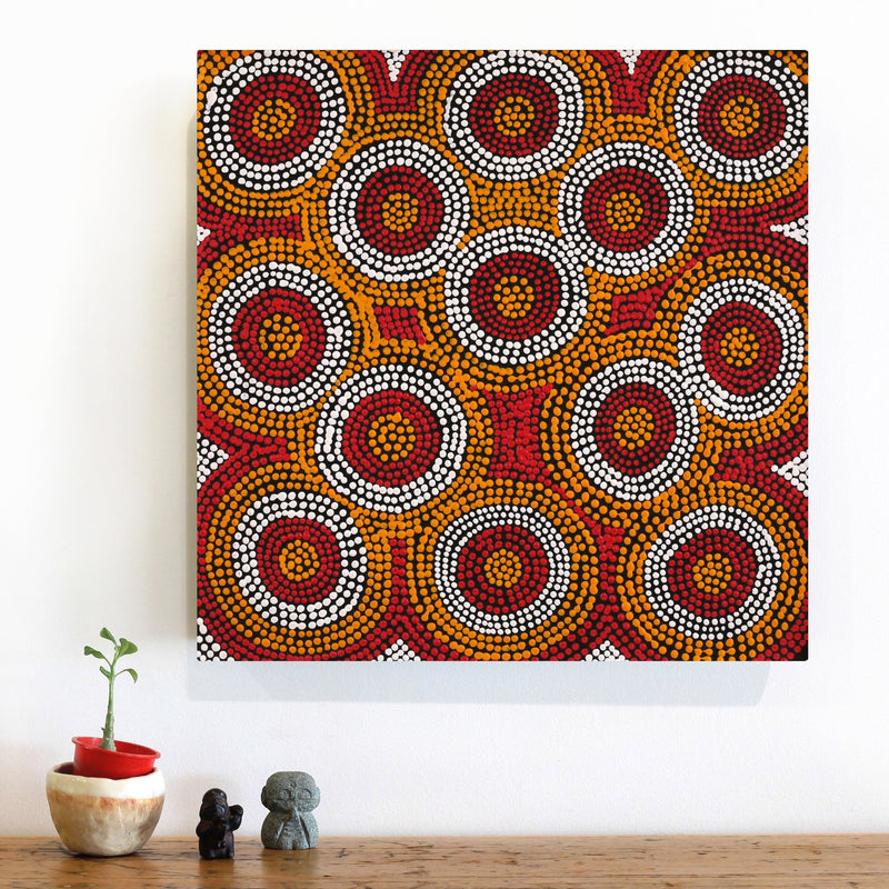 Aboriginal Artwork by Geraldine Napurrurla Wilson, Yawakiyi Jukurrpa (Native Currant Dreaming), 46x46cm