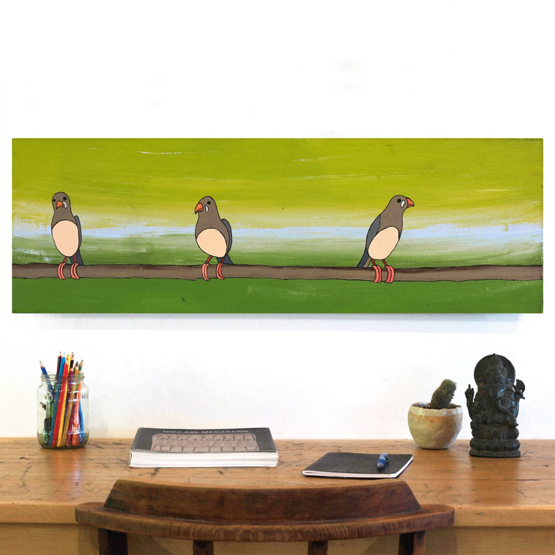 Aboriginal Artwork by Jason Japaljarri Woods, Jurlpu kuja kalu nyinami Yurntumu-wana (Birds that live around Yuendumu), 91x30cm