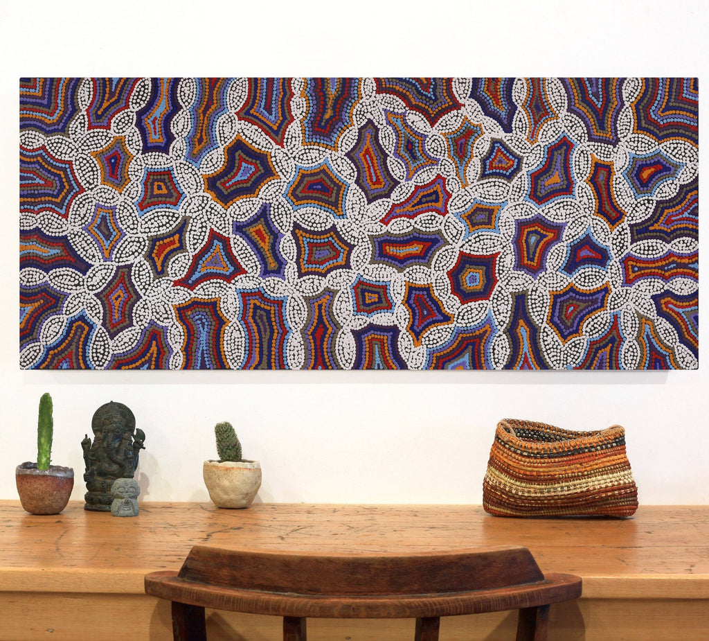 Aboriginal Artwork by Jerusha Nungarrayi Morris, Lukarrara Jukurrpa, 107x46cm
