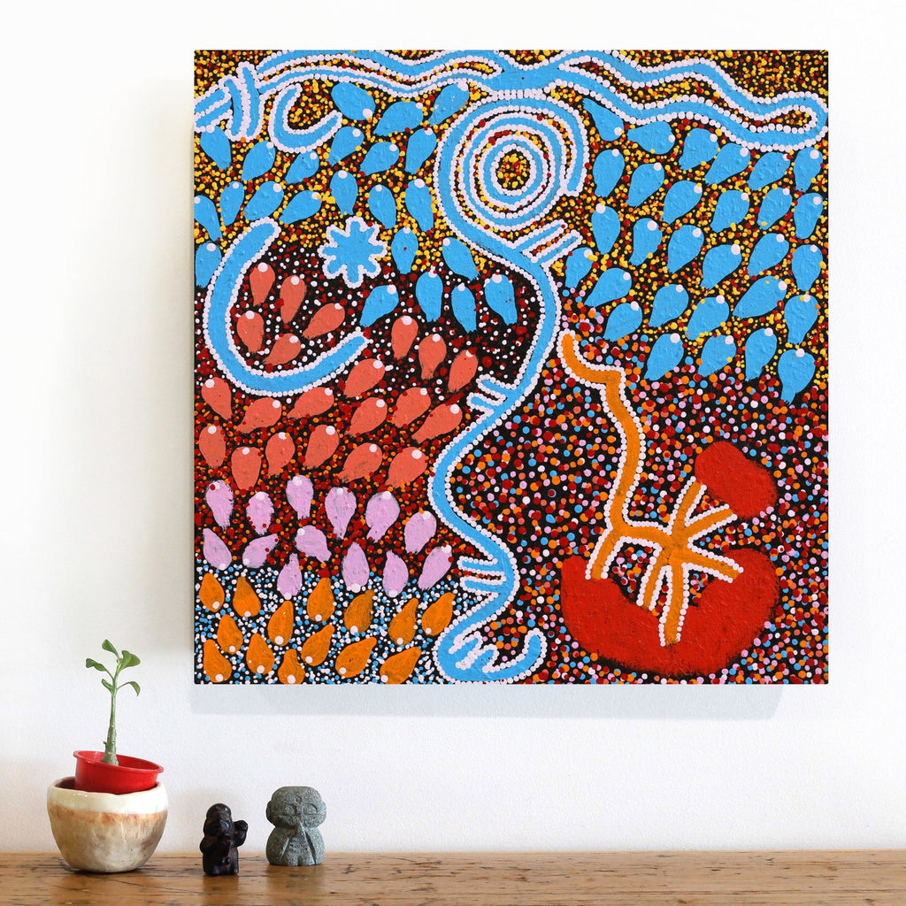 Aboriginal Artwork by Julie-Anne Nampijinpa Rice, Ngapa Jukurrpa (Water Dreaming) - Puyurru, 46x46cm