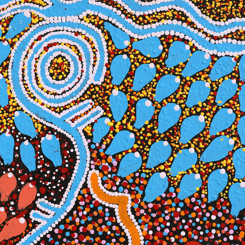 Aboriginal Artwork by Julie-Anne Nampijinpa Rice, Ngapa Jukurrpa (Water Dreaming) - Puyurru, 46x46cm