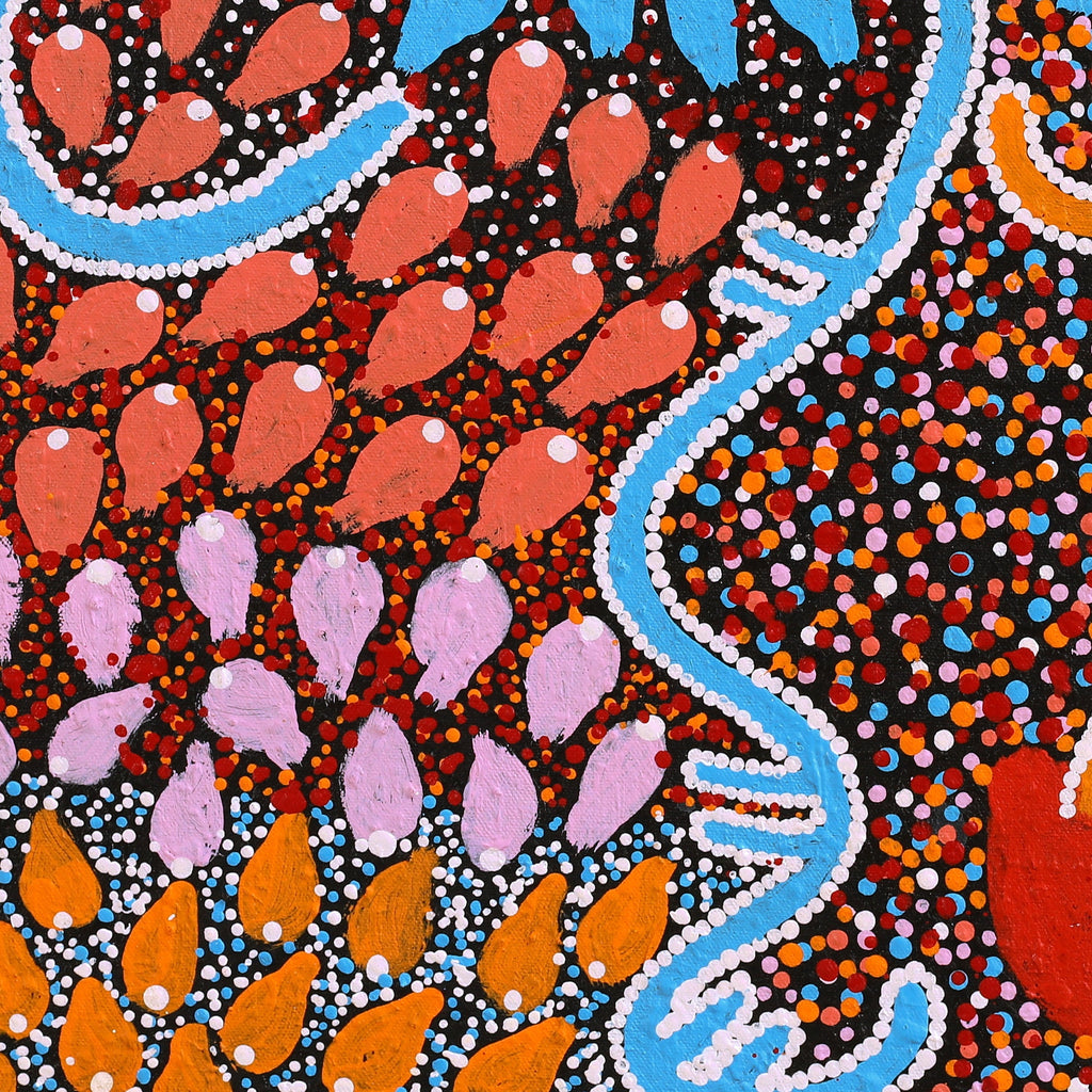 Aboriginal Artwork by Julie-Anne Nampijinpa Rice, Ngapa Jukurrpa (Water Dreaming) - Puyurru, 46x46cm