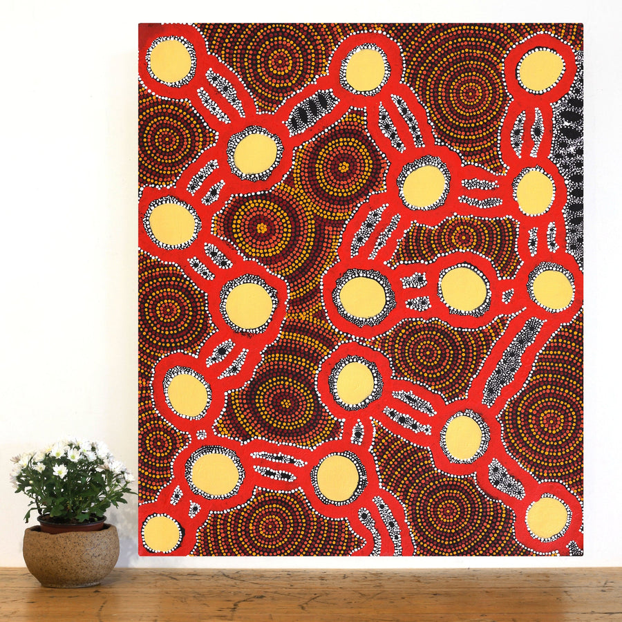 Aboriginal Artwork by Juliette Nakamarra Morris, Wanakiji Jukurrpa (Bush Tomato Dreaming), 91x76cm