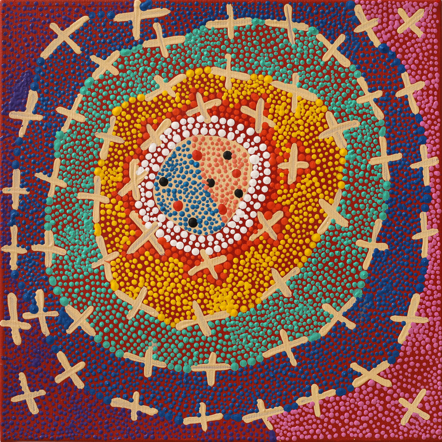 Aboriginal Artwork by Kershini Napaljarri Collins, Ngatijirri Jukurrpa (Budgerigar Dreaming), 30x30cm