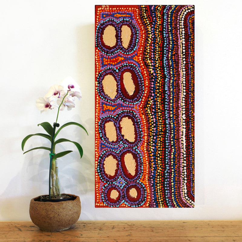 Aboriginal Artwork by Kieran Japangardi Michaels, Lappi Lappi Jukurrpa, 61x30cm