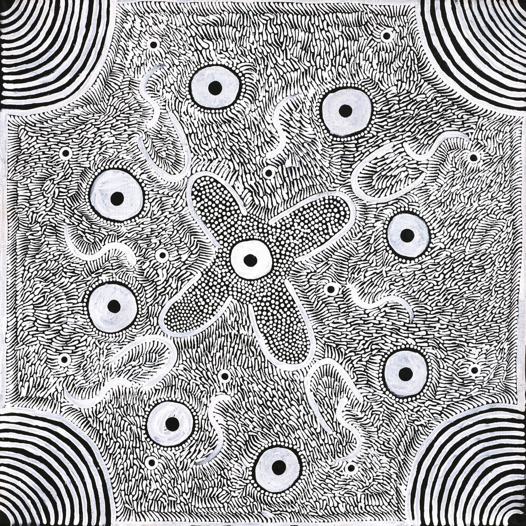 Aboriginal Artwork by Lindy Nangala Briscoe, Karnta Jukurrpa (Womens Dreaming), 46x46cm