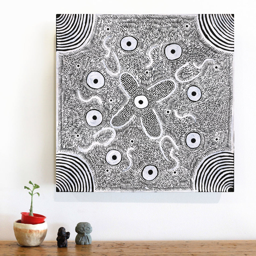 Aboriginal Artwork by Lindy Nangala Briscoe, Karnta Jukurrpa (Womens Dreaming), 46x46cm