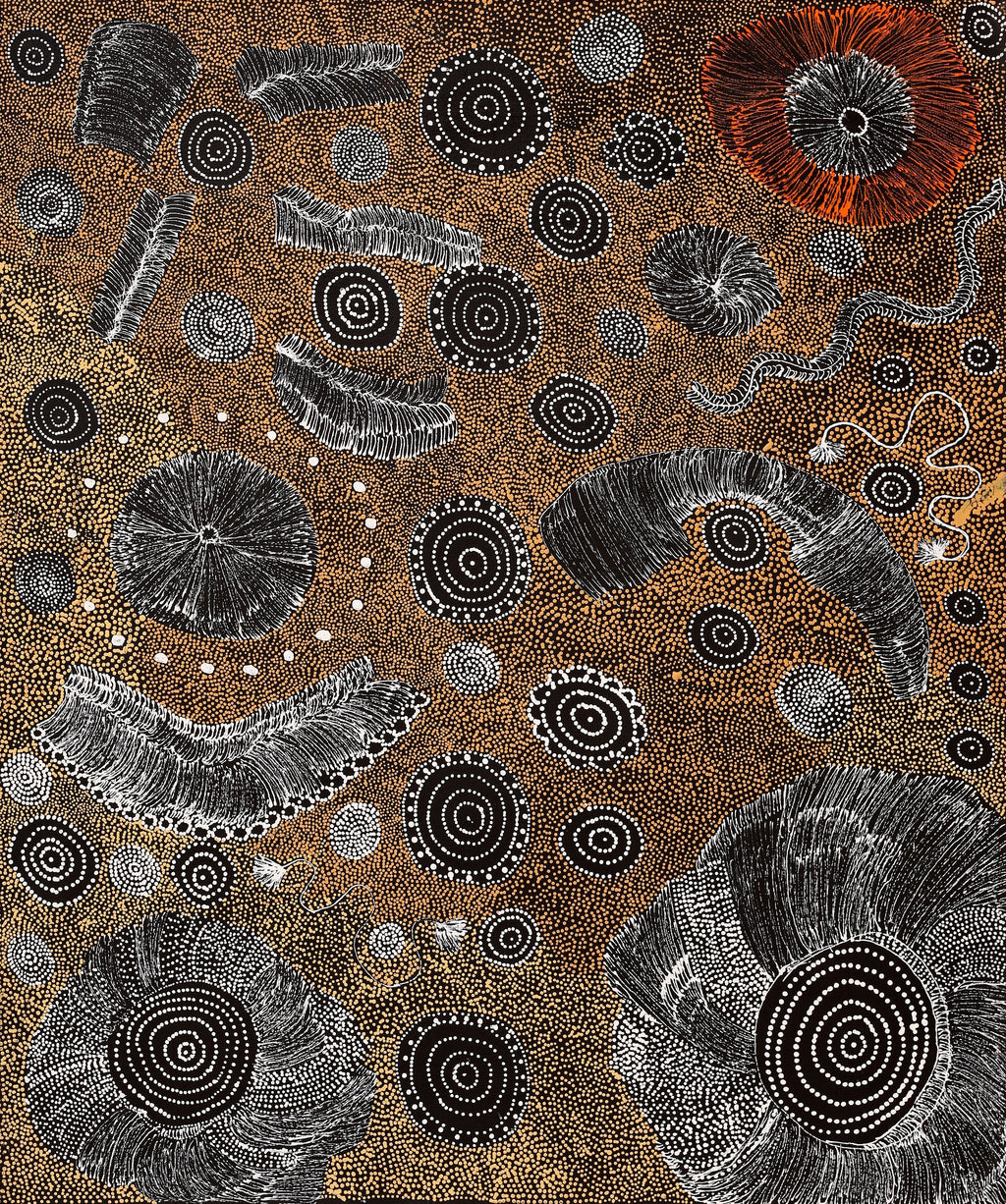Aboriginal Artwork by Lola Nampijinpa Brown, Ngapa Jukurrpa - Mikanji, 91x76cm