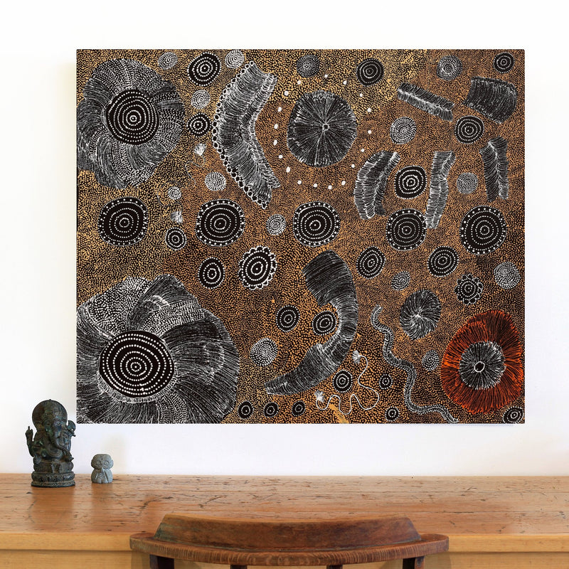 Aboriginal Artwork by Lola Nampijinpa Brown, Ngapa Jukurrpa - Mikanji, 91x76cm