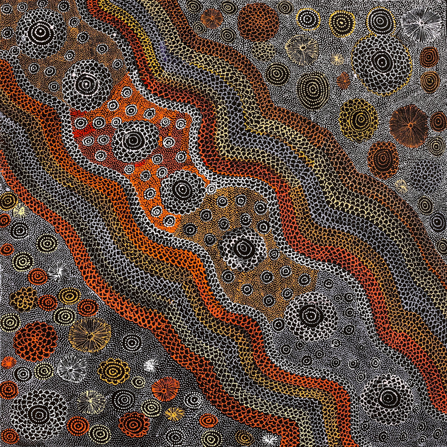 Aboriginal Artwork by Lola Nampijinpa Brown, Ngapa Jukurrpa - Mikanji, 91x91cm