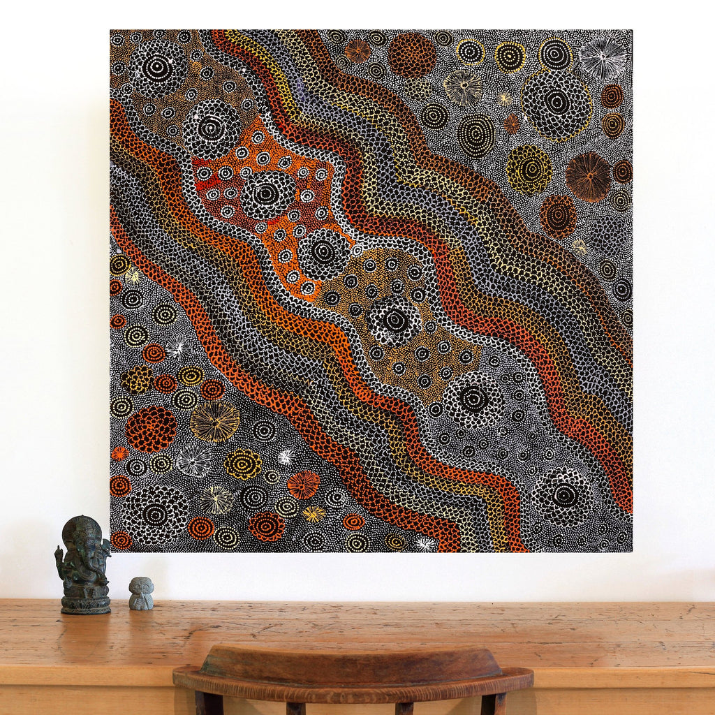 Aboriginal Artwork by Lola Nampijinpa Brown, Ngapa Jukurrpa - Mikanji, 91x91cm