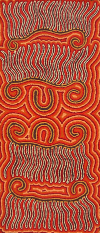 Aboriginal Artwork by Madeleine Napangardi Dixon, Majardi Jukurrpa (Hairstring Belt/Skirt or Tassel Dreaming) - Mina Mina, 107x46cm