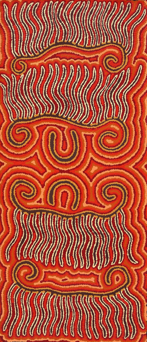 Aboriginal Art by Madeleine Napangardi Dixon, Majardi Jukurrpa (Hairstring Belt/Skirt or Tassel Dreaming) - Mina Mina, 107x46cm - ART ARK®