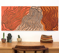 Aboriginal Artwork by Madeleine Napangardi Dixon, Majardi Jukurrpa (Hairstring Belt/Skirt or Tassel Dreaming) - Mina Mina, 107x46cm