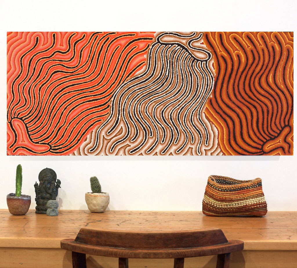 Aboriginal Artwork by Madeleine Napangardi Dixon, Majardi Jukurrpa (Hairstring Belt/Skirt or Tassel Dreaming) - Mina Mina, 107x46cm - ART ARK®