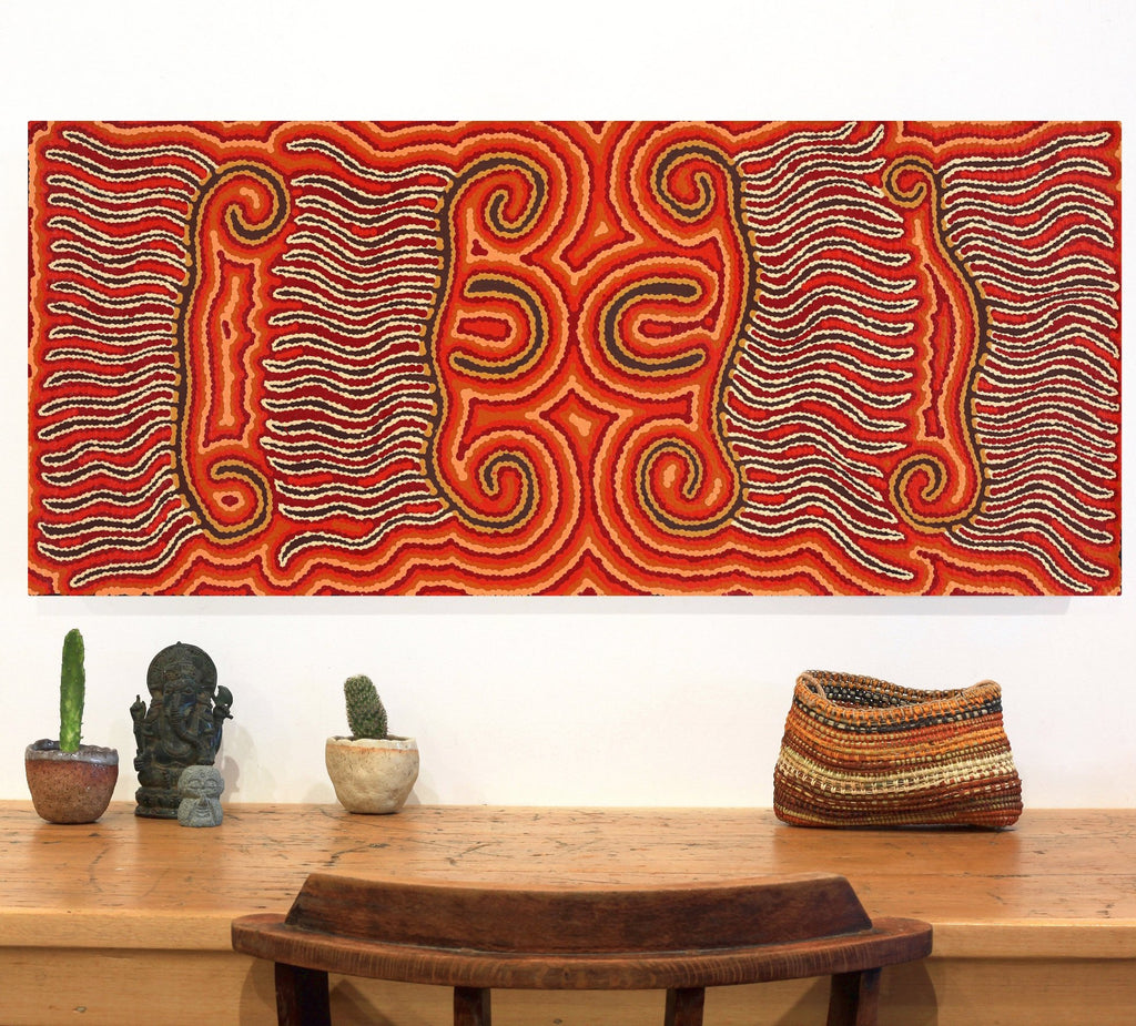 Aboriginal Artwork by Madeleine Napangardi Dixon, Majardi Jukurrpa (Hairstring Belt/Skirt or Tassel Dreaming) - Mina Mina, 107x46cm