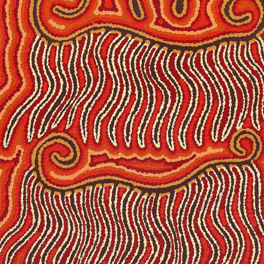 Aboriginal Artwork by Madeleine Napangardi Dixon, Majardi Jukurrpa (Hairstring Belt/Skirt or Tassel Dreaming) - Mina Mina, 107x46cm