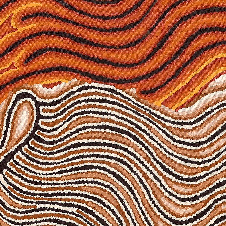 Aboriginal Artwork by Madeleine Napangardi Dixon, Majardi Jukurrpa (Hairstring Belt/Skirt or Tassel Dreaming) - Mina Mina, 107x46cm