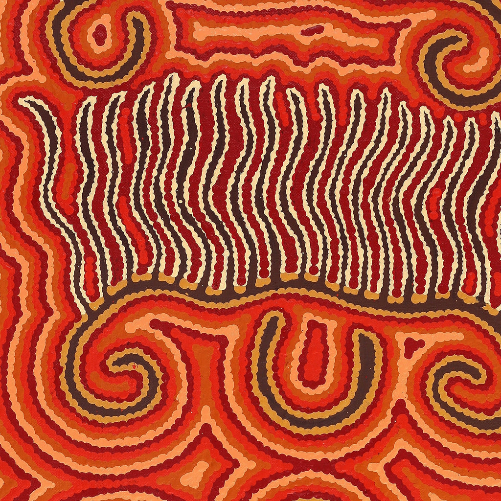 Aboriginal Artwork by Madeleine Napangardi Dixon, Majardi Jukurrpa (Hairstring Belt/Skirt or Tassel Dreaming) - Mina Mina, 107x46cm
