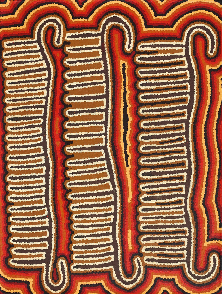 Aboriginal Art by Madeleine Napangardi Dixon, Majardi Jukurrpa (Hairstring Belt/Skirt or Tassel Dreaming) - Mina Mina, 61x46cm - ART ARK®