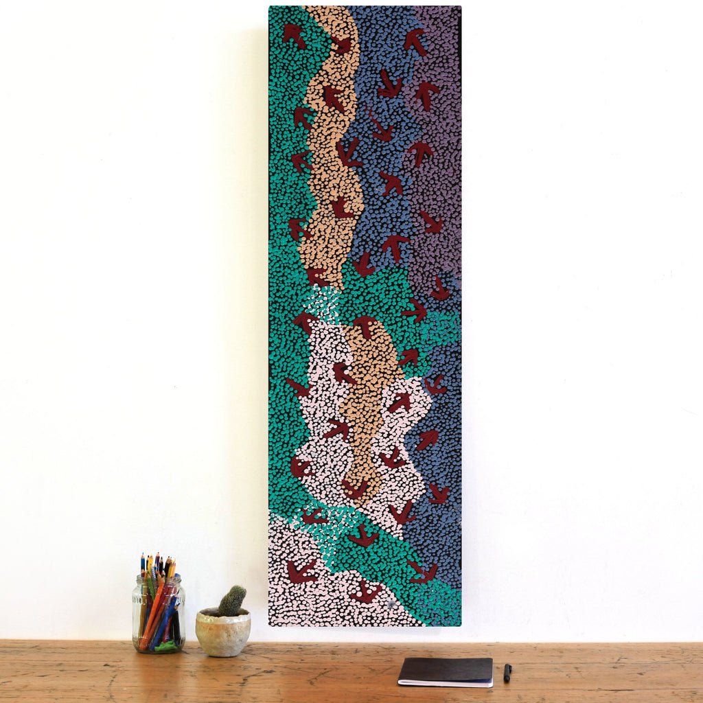 Aboriginal Artwork by Margaret Nangala Gallagher, Yankirri Jukurrpa (Emu Dreaming), 107x30cm