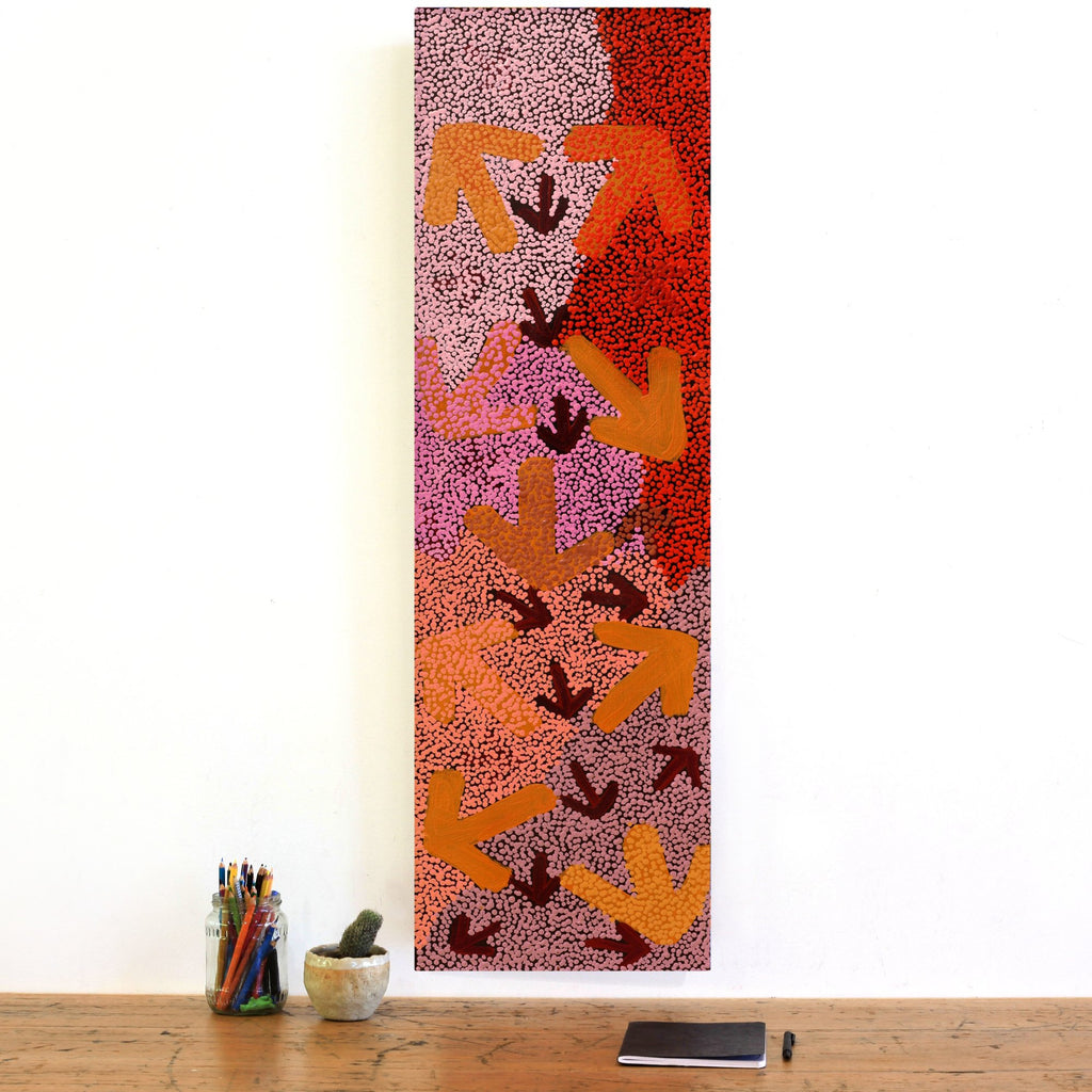 Aboriginal Artwork by Margaret Nangala Gallagher, Yankirri Jukurrpa (Emu Dreaming), 107x30cm