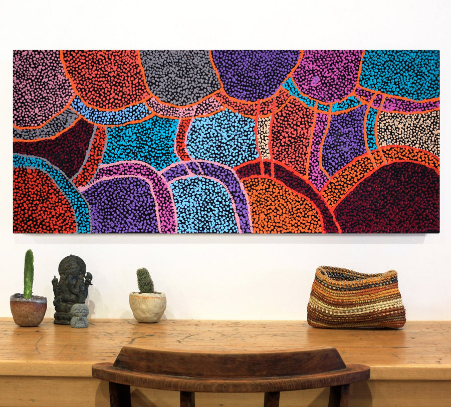Aboriginal Artwork by Margaret Nangala Gallagher, Yankirri Jukurrpa (Emu Dreaming), 107x46cm