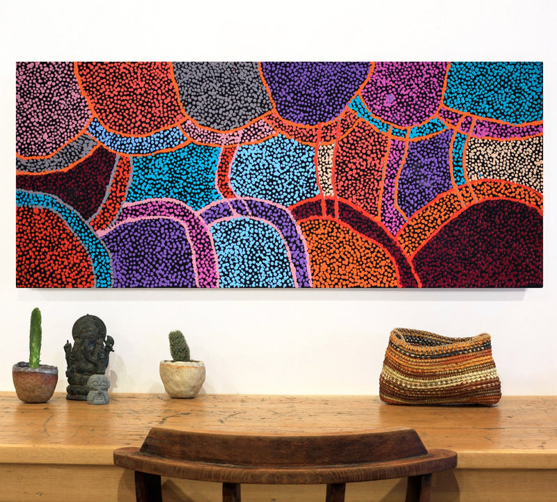 Aboriginal Artwork by Margaret Nangala Gallagher, Yankirri Jukurrpa (Emu Dreaming), 107x46cm