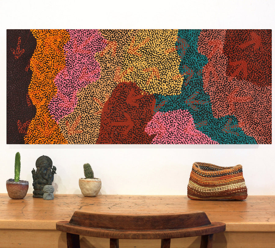 Aboriginal Artwork by Margaret Nangala Gallagher, Yankirri Jukurrpa (Emu Dreaming), 107x46cm