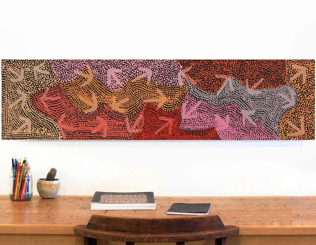 Aboriginal Artwork by Margaret Nangala Gallagher, Yankirri Jukurrpa (Emu Dreaming), 122x30cm