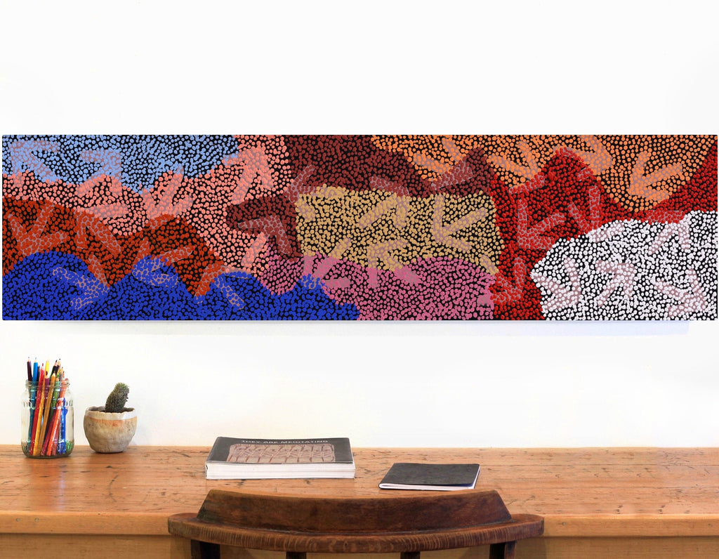 Aboriginal Artwork by Margaret Nangala Gallagher, Yankirri Jukurrpa (Emu Dreaming), 122x30cm