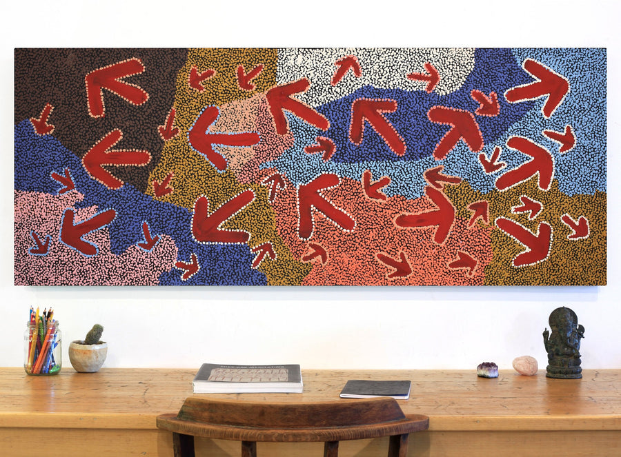 Aboriginal Artwork by Margaret Nangala Gallagher, Yankirri Jukurrpa (Emu Dreaming), 152x61cm