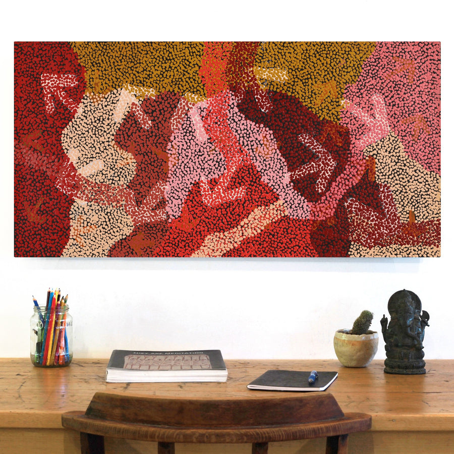 Aboriginal Artwork by Margaret Nangala Gallagher, Yankirri Jukurrpa (Emu Dreaming), 91x46cm