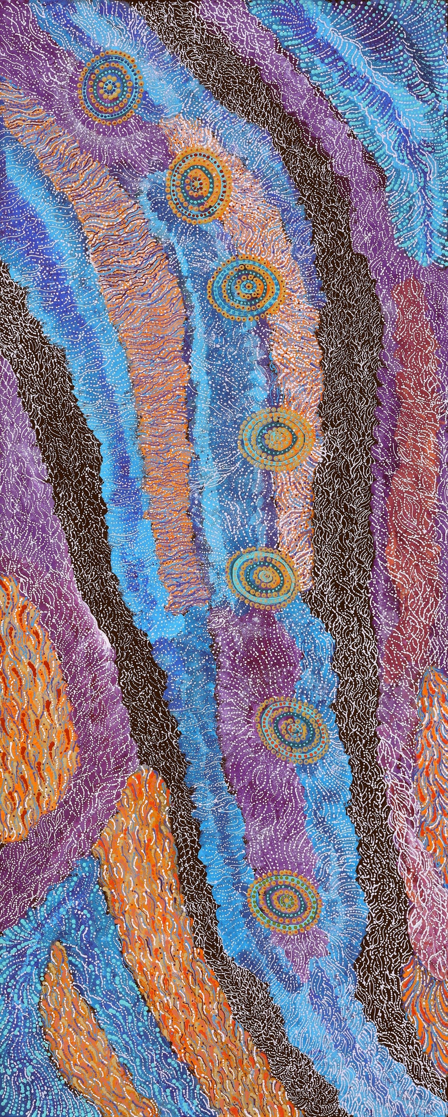 Aboriginal Artwork by Maria Nampijinpa Brown, Napaljarri-warnu Jukurrpa (Seven Sisters Dreaming), 152x61cm