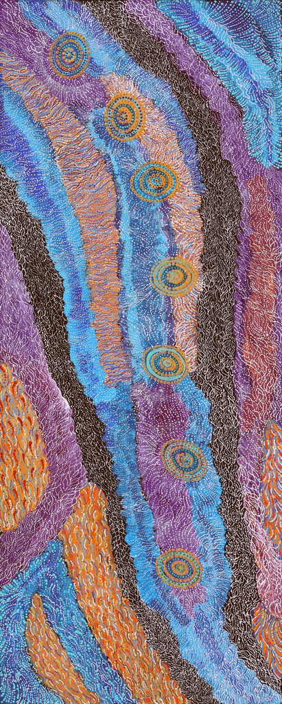 Aboriginal Artwork by Maria Nampijinpa Brown, Napaljarri-warnu Jukurrpa (Seven Sisters Dreaming), 152x61cm
