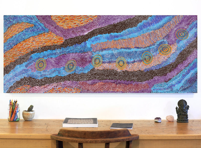 Aboriginal Artwork by Maria Nampijinpa Brown, Napaljarri-warnu Jukurrpa (Seven Sisters Dreaming), 152x61cm