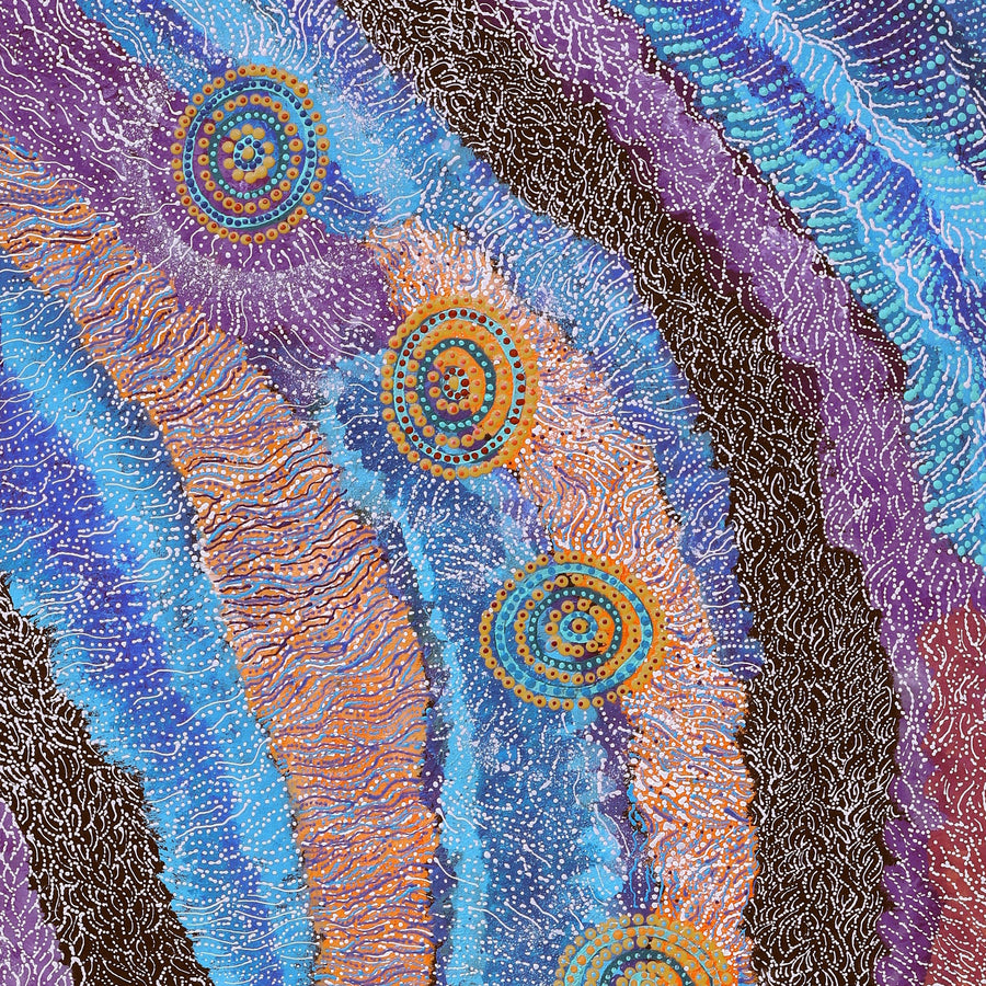 Aboriginal Artwork by Maria Nampijinpa Brown, Napaljarri-warnu Jukurrpa (Seven Sisters Dreaming), 152x61cm