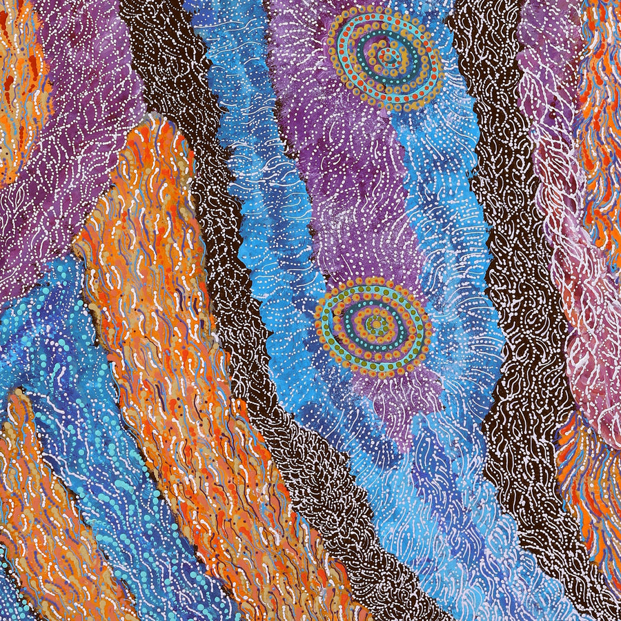 Aboriginal Artwork by Maria Nampijinpa Brown, Napaljarri-warnu Jukurrpa (Seven Sisters Dreaming), 152x61cm
