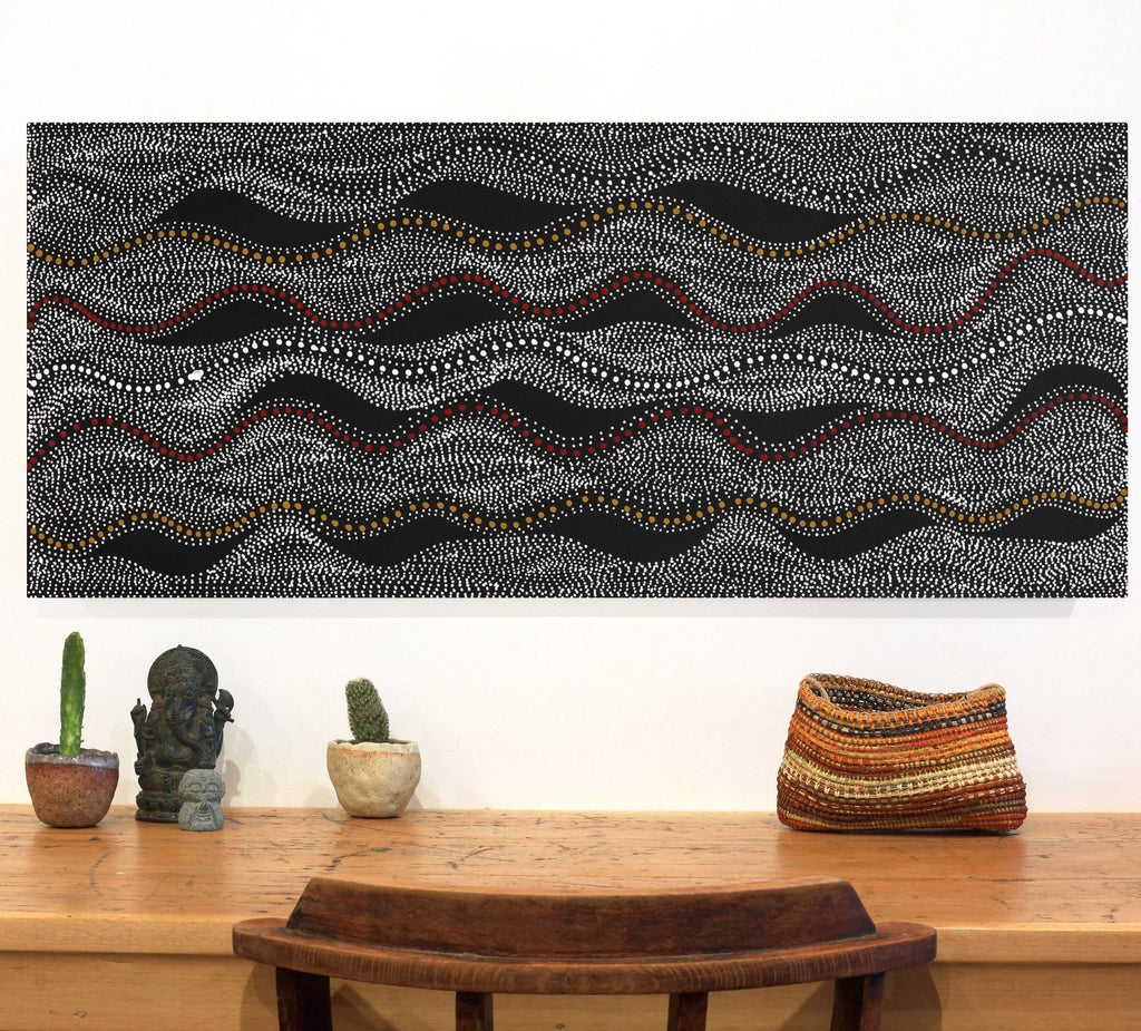 Aboriginal Artwork by Marshall Jangala Robertson, Watiya-warnu Jukurrpa (Seed Dreaming), 107x46cm