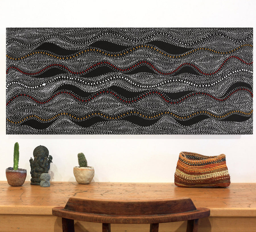 Aboriginal Artwork by Marshall Jangala Robertson, Watiya-warnu Jukurrpa (Seed Dreaming), 107x46cm