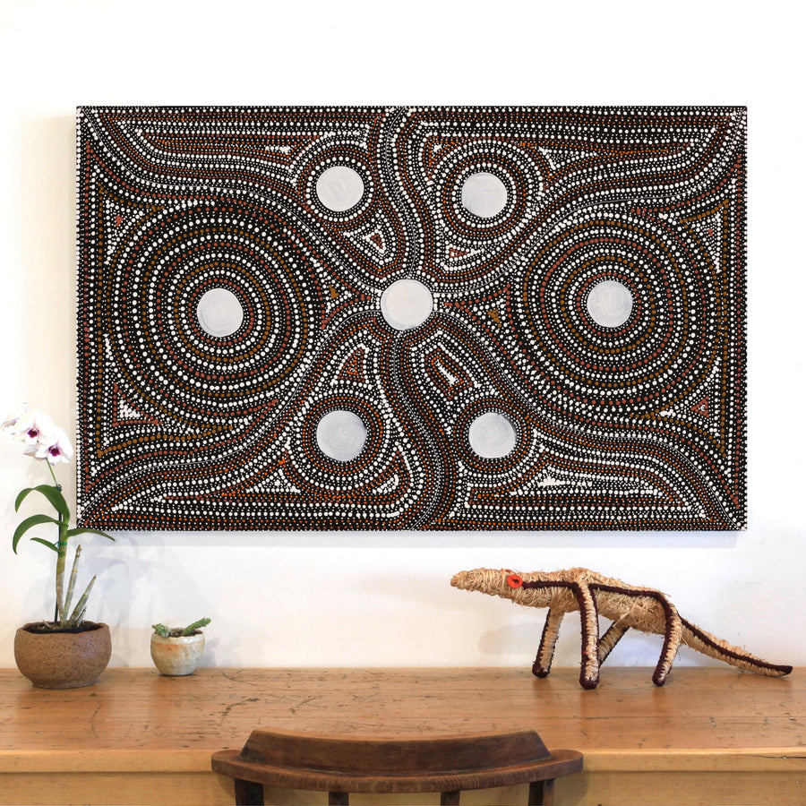 Aboriginal Artwork by Marshall Jangala Robertson, Watiya-warnu Jukurrpa (Seed Dreaming), 122x76cm