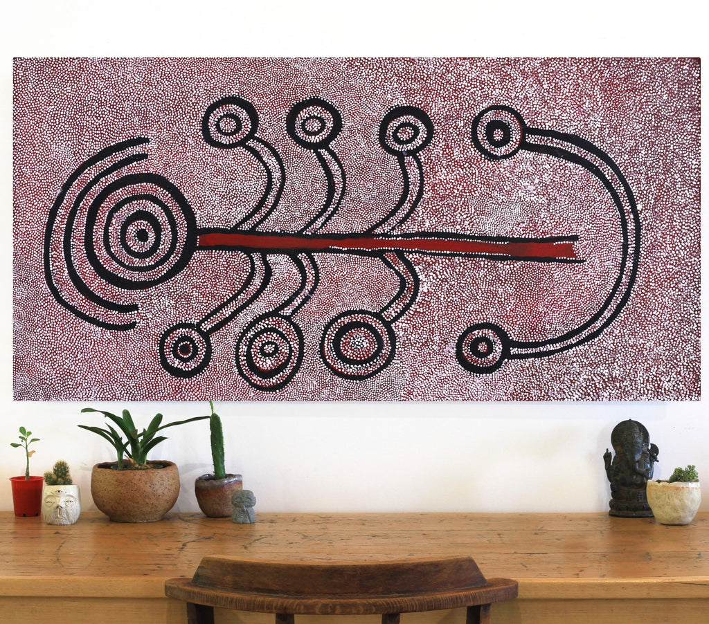 Aboriginal Artwork by Marshall Japangardi Poulson, Yurrampi Jukurrpa (Honey Ant Dreaming), 122x61cm