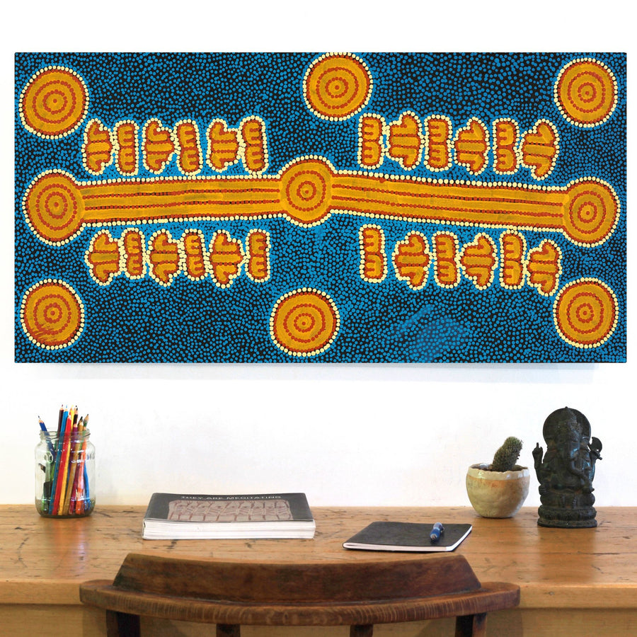 Aboriginal Artwork by Michael Japaljarri Wayne, Marlu Jukurrpa (Red Kangaroo Dreaming) Yarnardilyi & Jurnti, 91x46cm