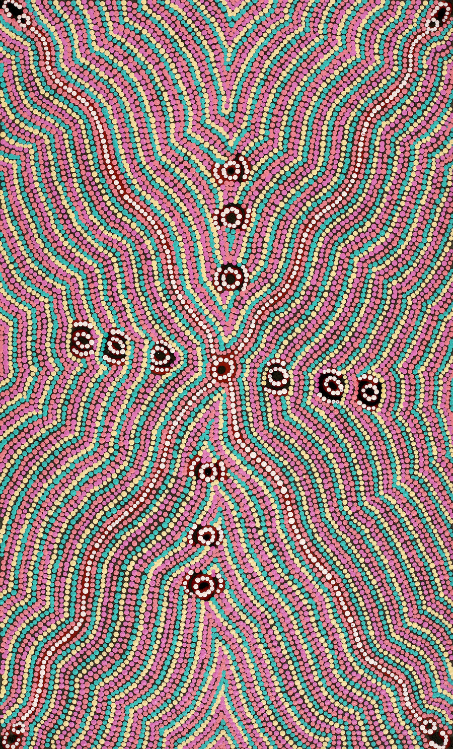 Aboriginal Artwork by Narelle Nangala Brown, Watiya-warnu Jukurrpa (Seed Dreaming), 76x46cm