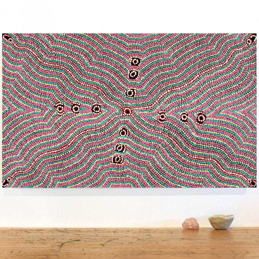 Aboriginal Artwork by Narelle Nangala Brown, Watiya-warnu Jukurrpa (Seed Dreaming), 76x46cm