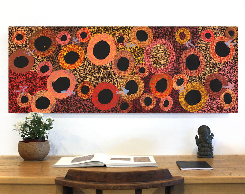 Aboriginal Artwork by Pauline Nampijinpa Singleton, Yankirri Jukurrpa (Emu Dreaming) - Ngarlikurlangu, 122x46cm