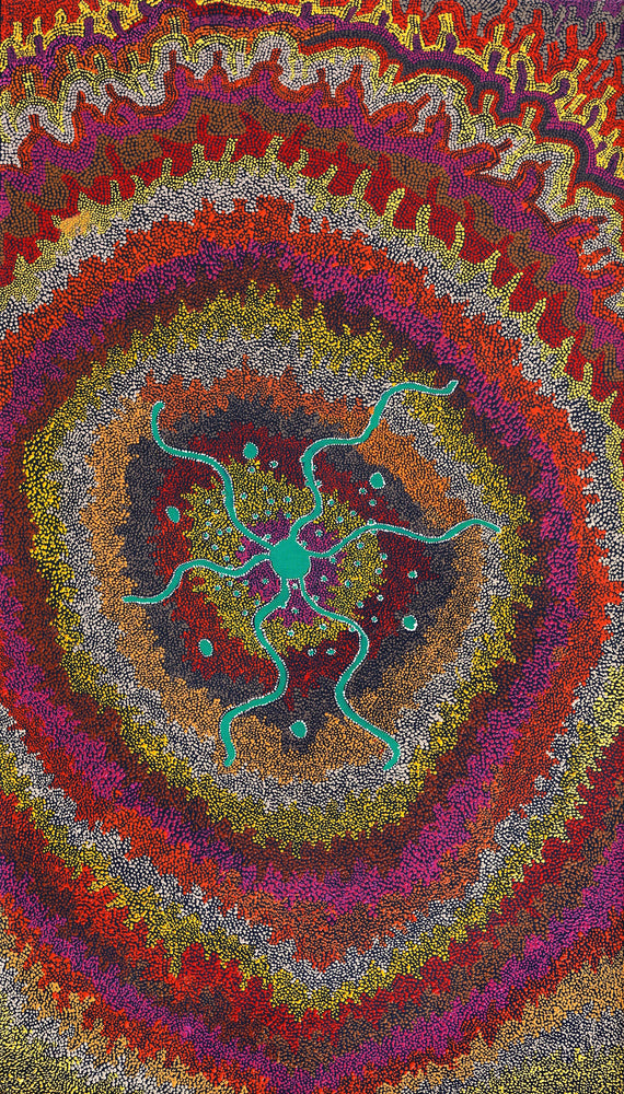 Aboriginal Artwork by Peggy Napurrurla Granites, Pirlarla Jukurrpa (Dogwood Tree Bean Dreaming), 107x61cm