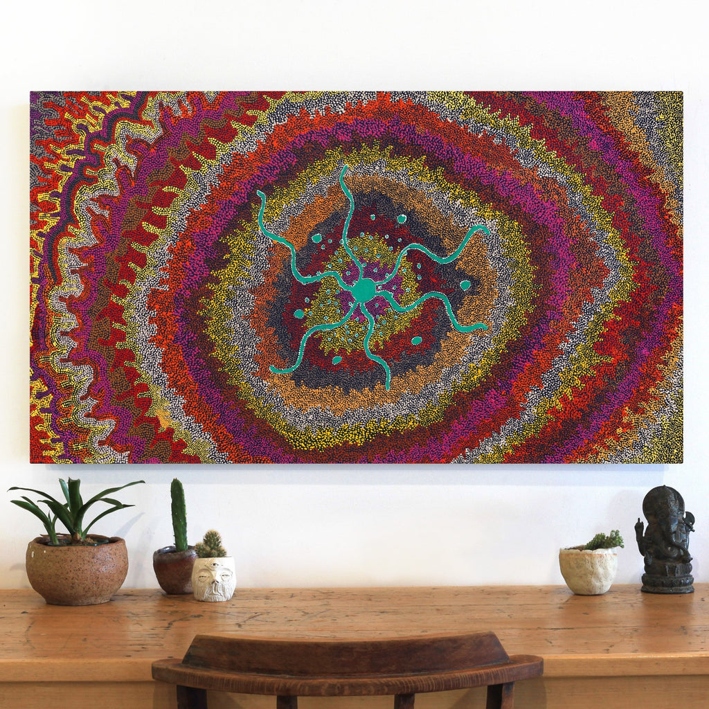 Aboriginal Artwork by Peggy Napurrurla Granites, Pirlarla Jukurrpa (Dogwood Tree Bean Dreaming), 107x61cm