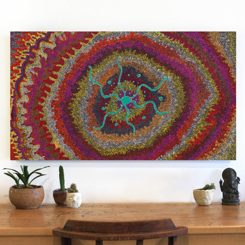 Aboriginal Artwork by Peggy Napurrurla Granites, Pirlarla Jukurrpa (Dogwood Tree Bean Dreaming), 107x61cm