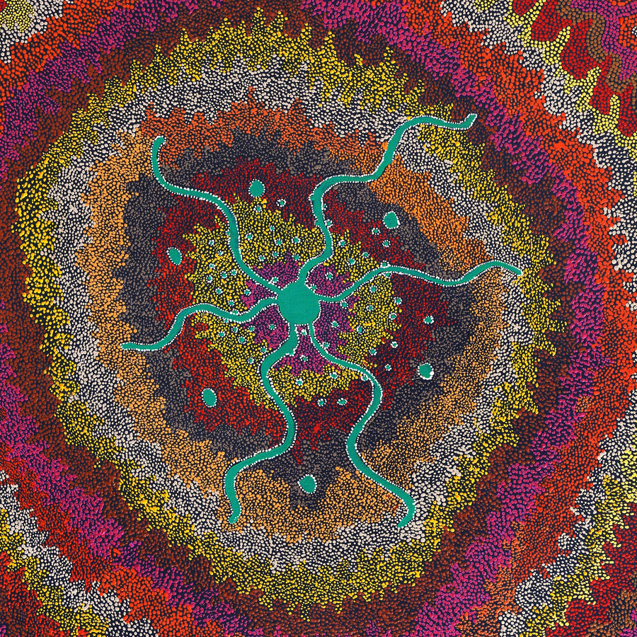 Aboriginal Artwork by Peggy Napurrurla Granites, Pirlarla Jukurrpa (Dogwood Tree Bean Dreaming), 107x61cm